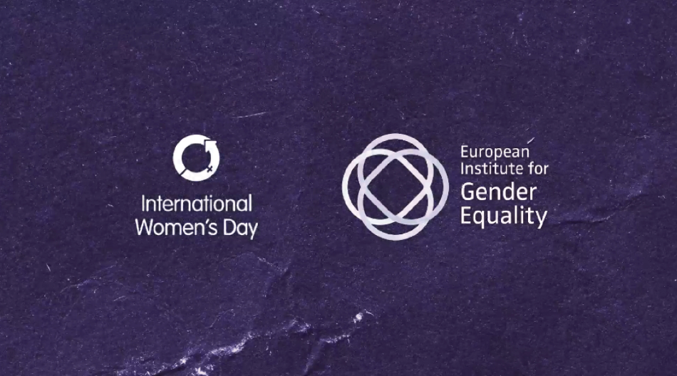 International Women's Day and European Institute for Gender Equality logos side by side on a dark purple background