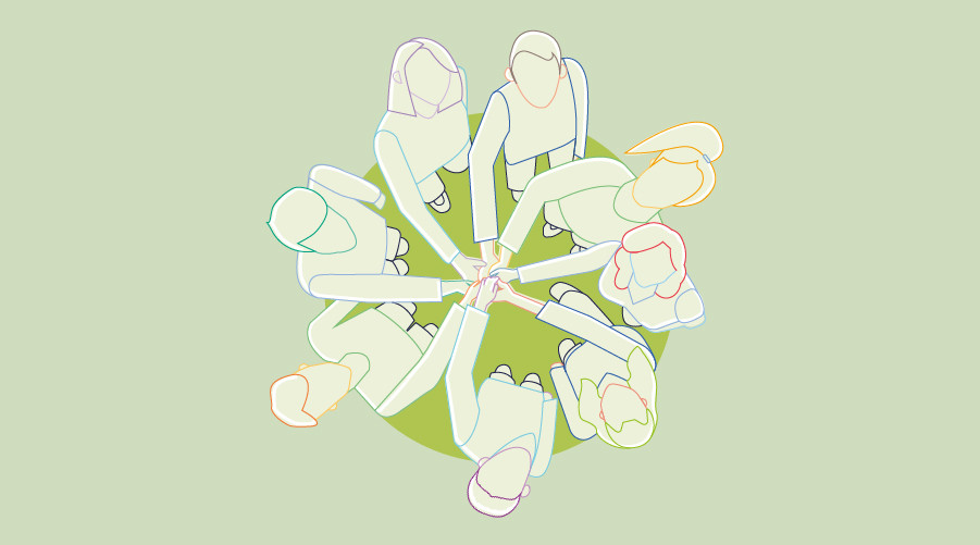 Illustration of people standing in a circle with hands joined in the center.