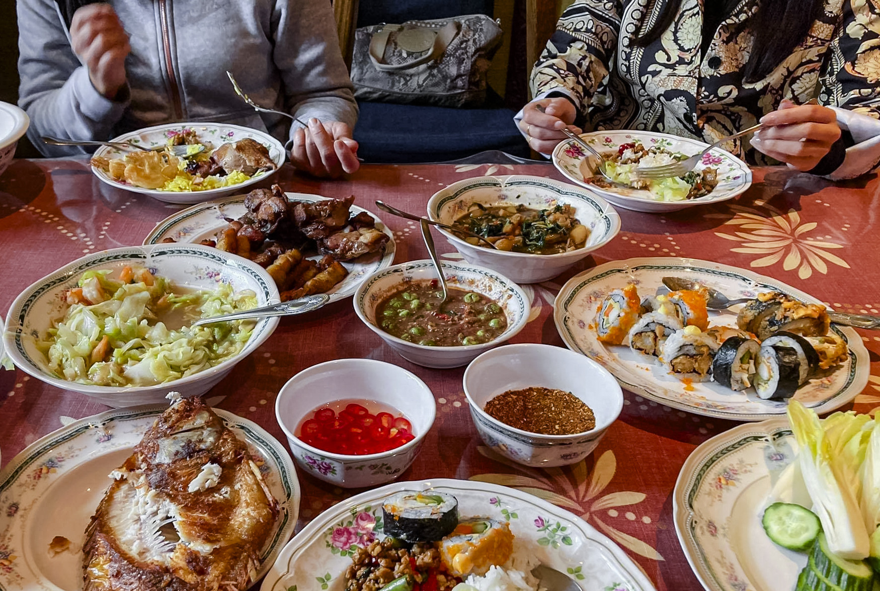 A table with different types of food.