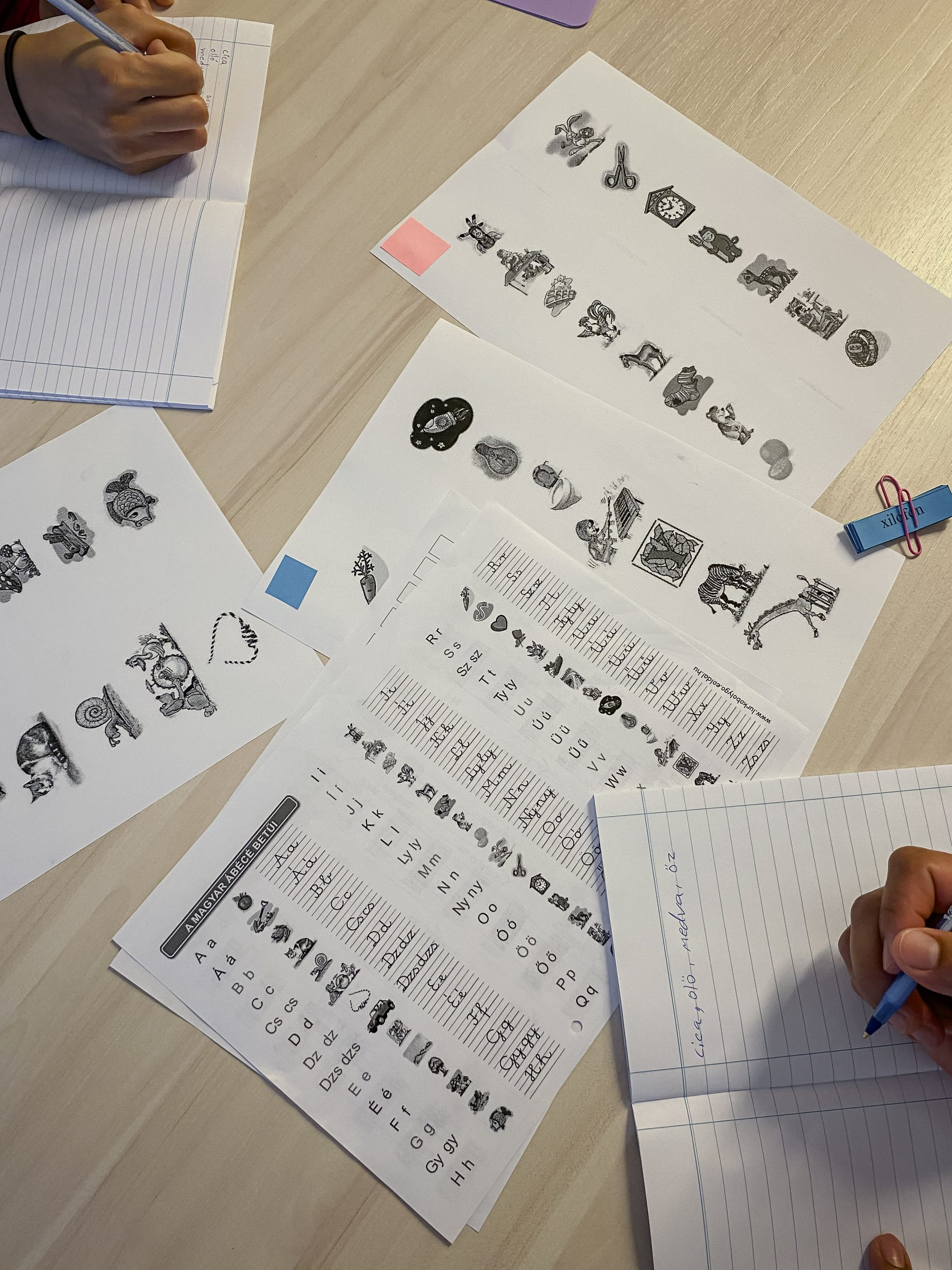 Multiple papers with letter and word exercises. 