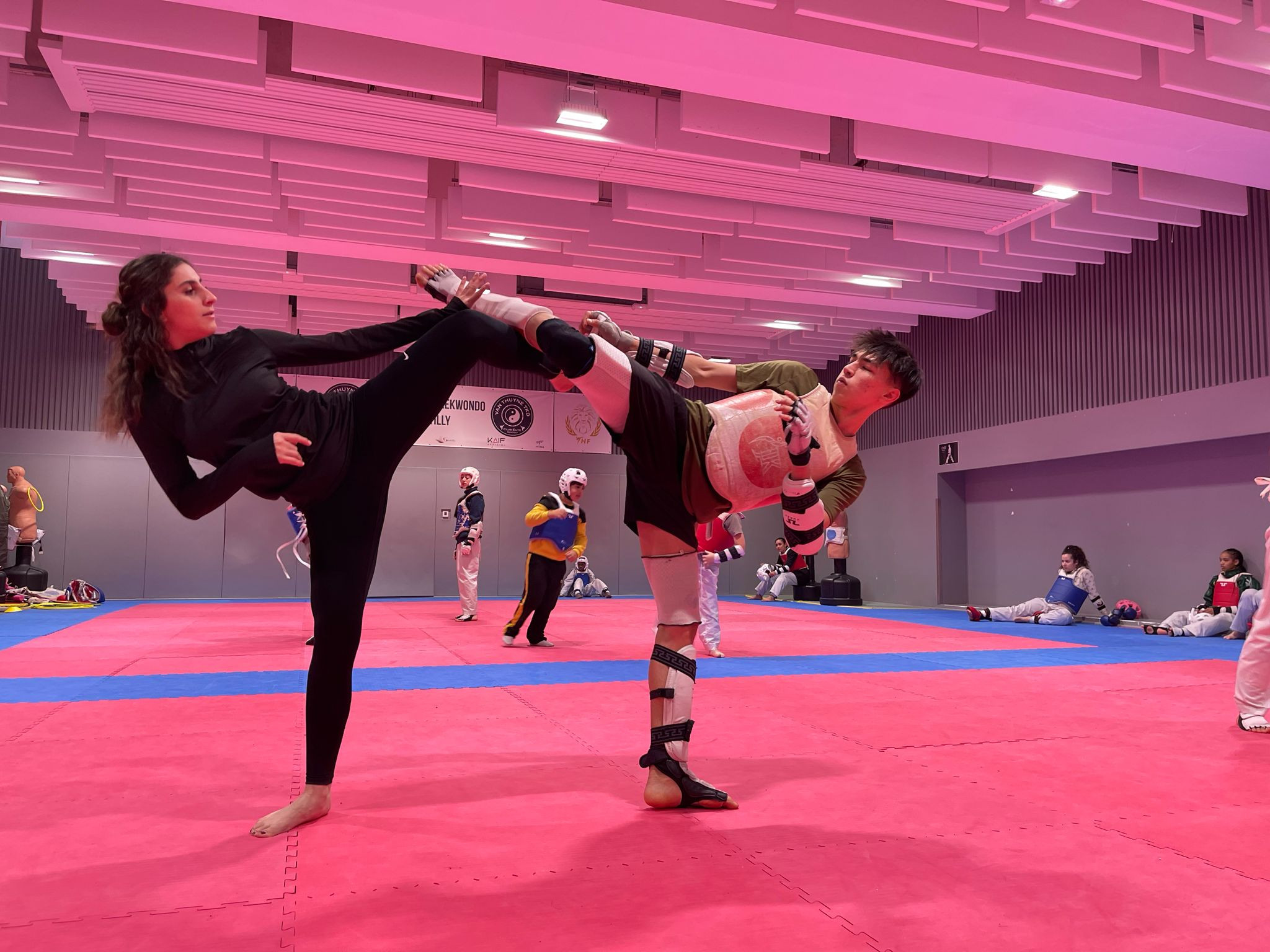 A woman and a man in a taekwondo pose.