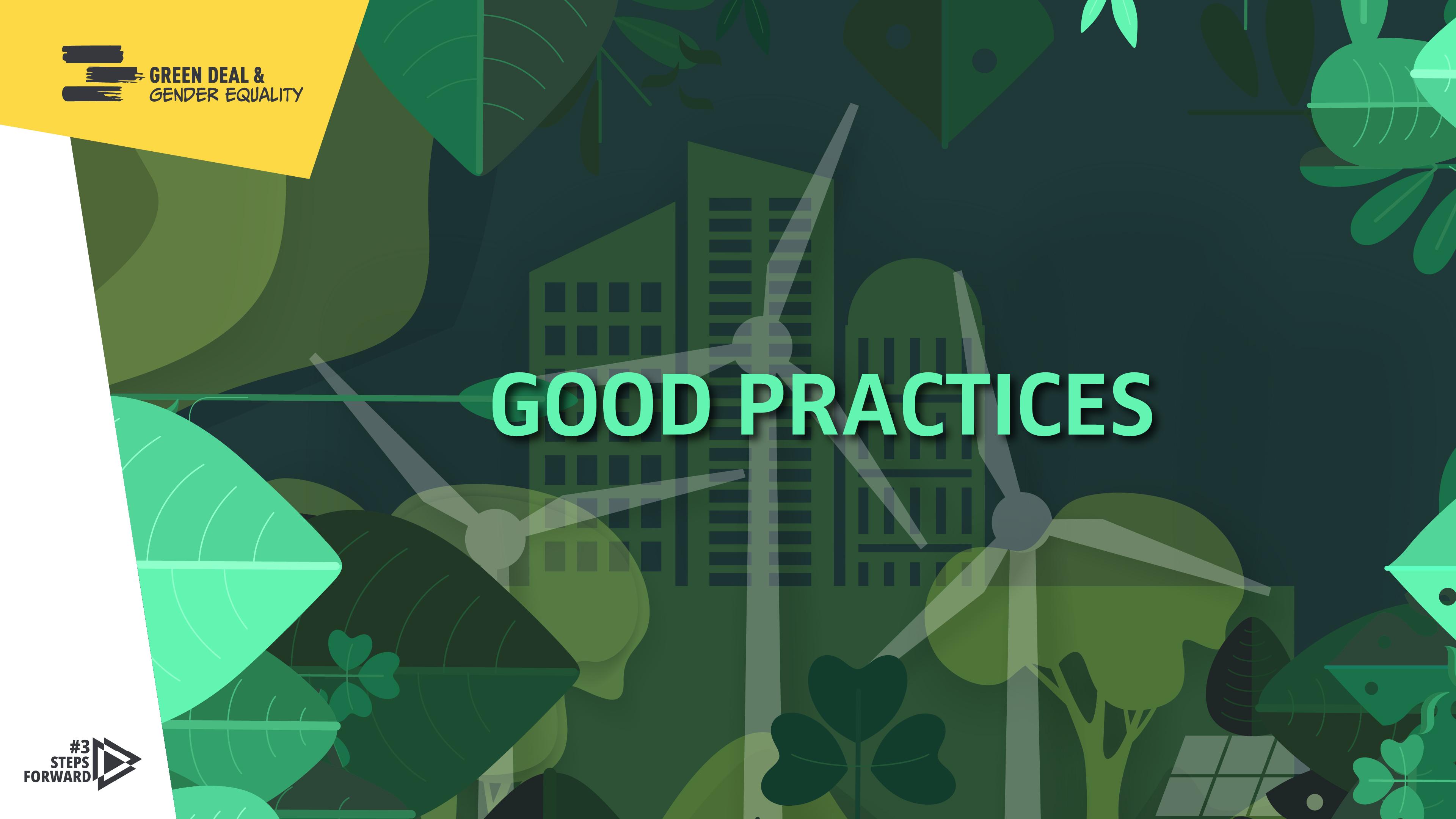 Illustration of wind turbines, a city landscape and leaves with the words GOOD PRACTICES 