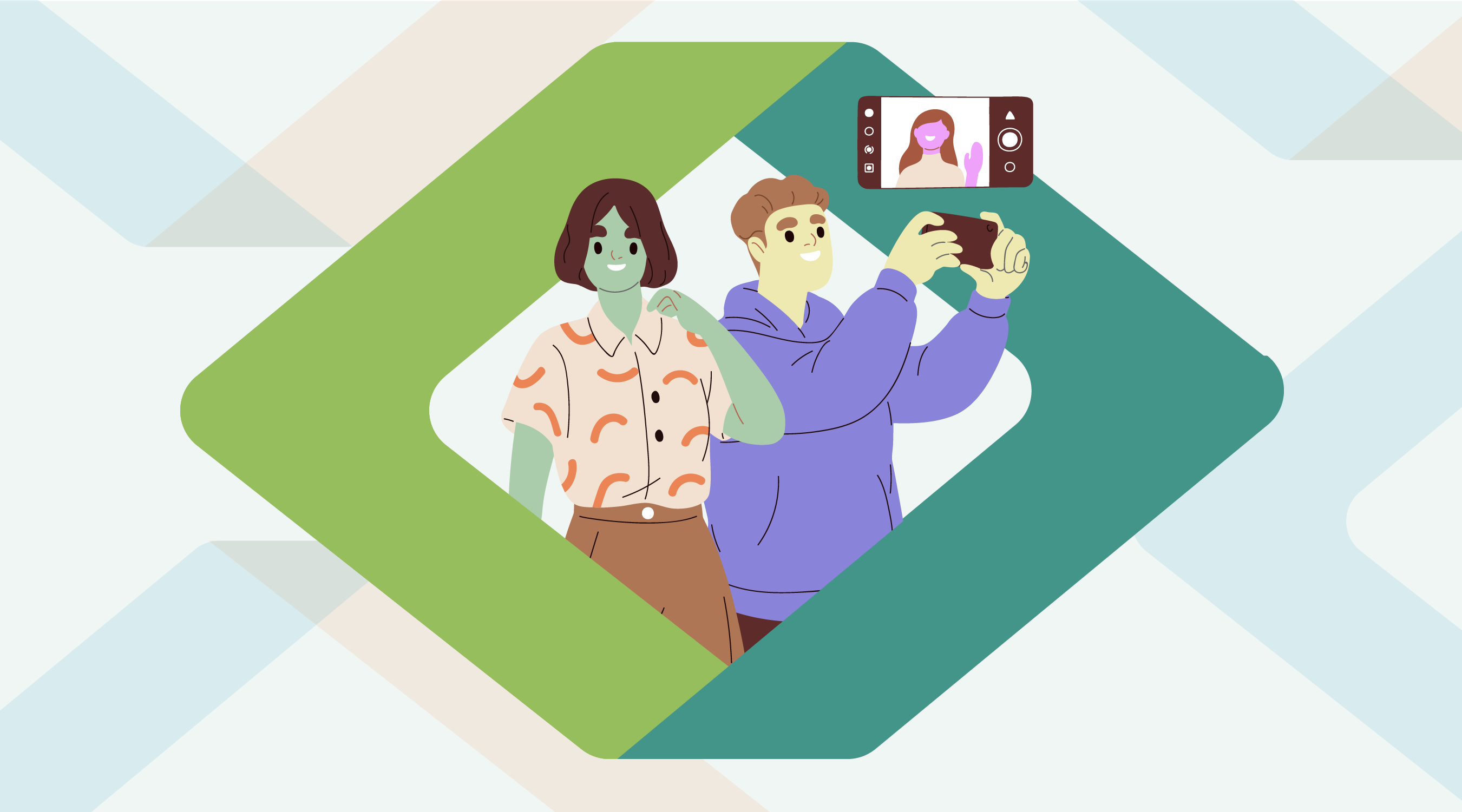 Two illustrated young people looking happy, one is having a video call 